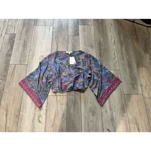 Chelsea & Theodore Paisley 70s hippie semi crop top blouse size XS